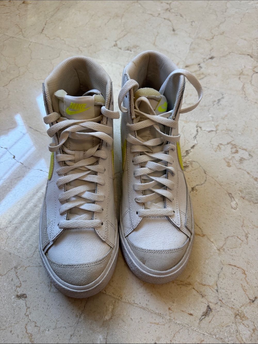 Nike Mid-Top Sneakers in Beige with Neon Yellow Swoosh